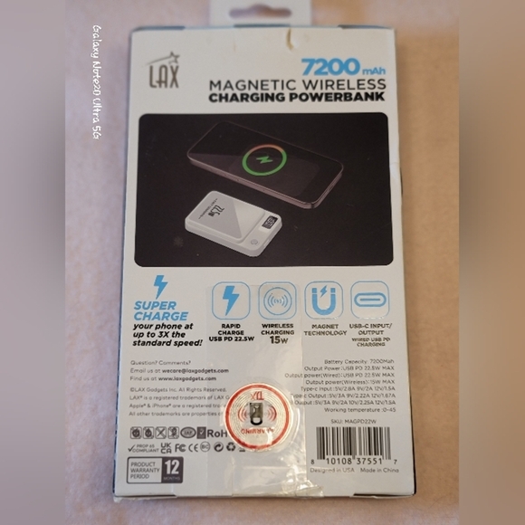 0776. NWTs ~ LAX ~ Magnetic Wireless ~ Rapid Charging Powerbank ~ 7200 mAh - Picture 7 of 7